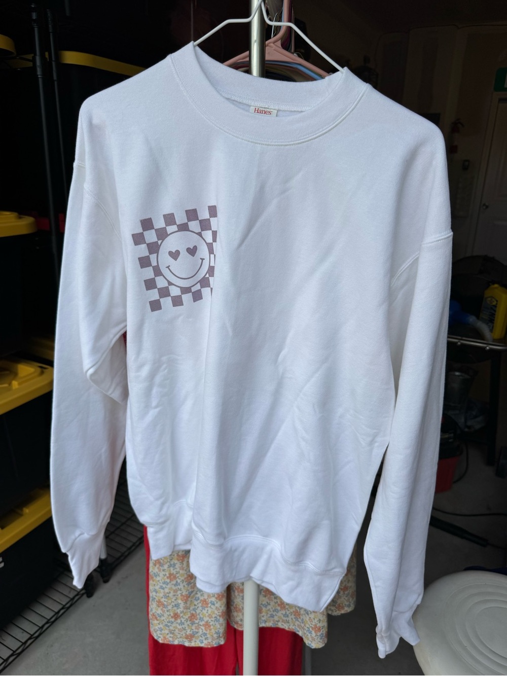 Hanes White Crewneck with purple screen print smiley heart eyes checkered